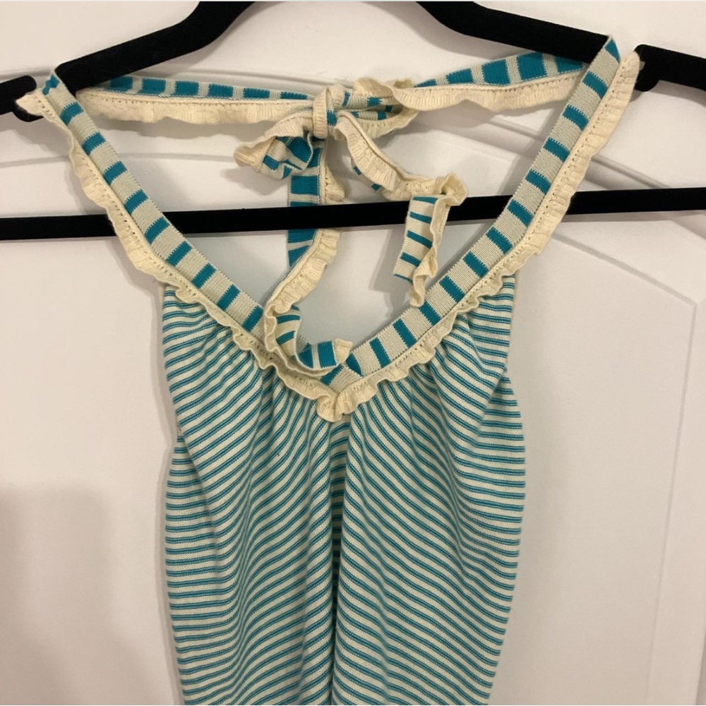 Vintage FENDI Blue and Cream Ruffled & Striped Womens Halter Top ❤️